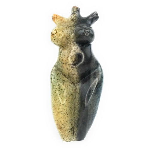 A handcrafted stone sculpture of a female torso with exaggerated hips and breasts, featuring a blend of green and black colors.