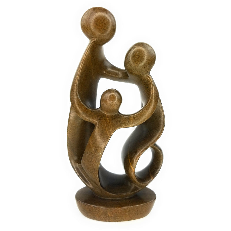 Ukama Family of 3 Sculpture – Brown Serpentine Shona Stone Art, 11.5” Handmade in Zimbabwe