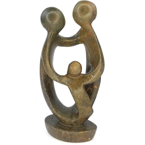 Ukama Family of 3 Sculpture – Green & Brown Serpentine African Stone Art, 8.25” Zimbabwe