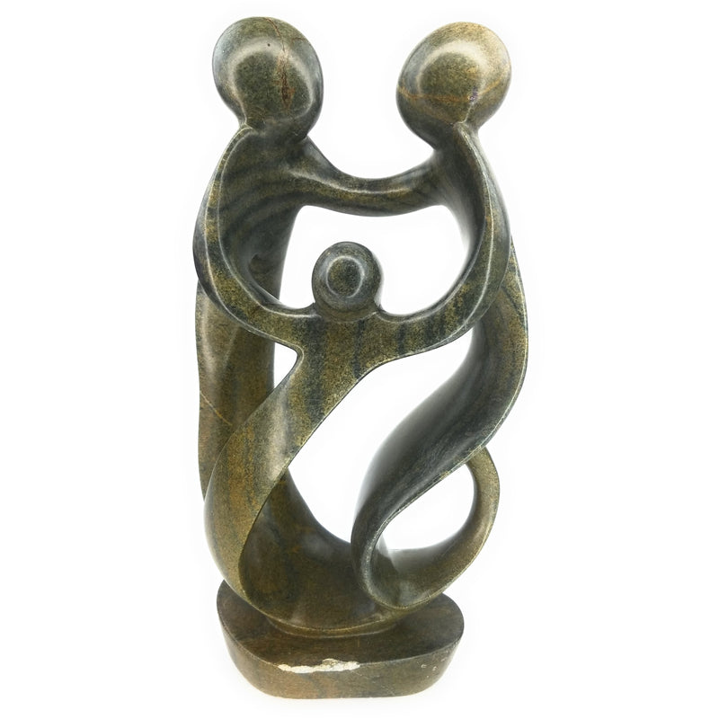 Ukama Family of 3 Sculpture – Green Serpentine Stone, 14.5” Handmade Zimbabwe (Minor Base Chip)