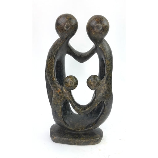 Ukama Family of 4 Sculpture – 10” Dark Speckled Serpentine African Stone Art, Handmade Zimbabwe