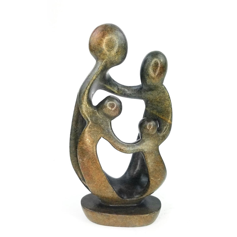 Ukama Family of 4 Sculpture – 10” Green & Brown Serpentine African Stone Art, Handmade Zimbabwe