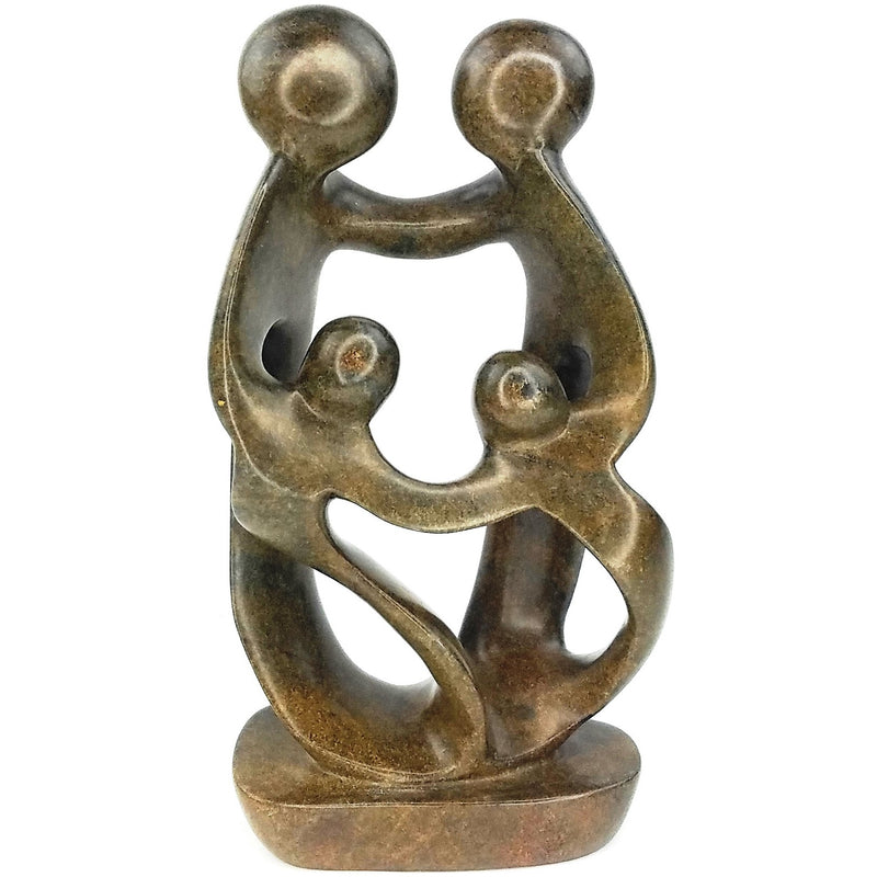 Ukama Family of 4 Sculpture – 11” Light Green & Brown Serpentine African Stone Art, Handmade Zimbabwe