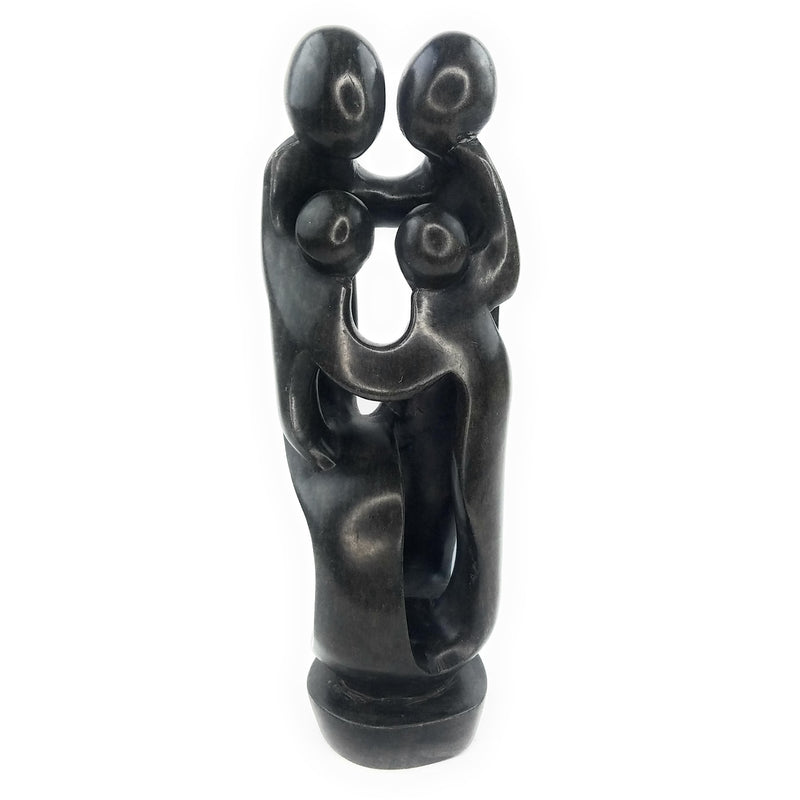Ukama Family of 4 Sculpture – 12” Black Serpentine African Stone Art, Handmade Zimbabwe