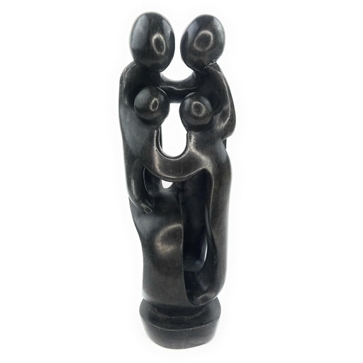 Ukama Family of 4 Sculpture – 12” Black Serpentine African Stone Art, Handmade Zimbabwe