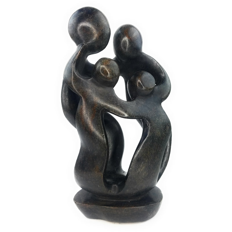 Ukama Family of 4 Sculpture – 13.5” Dark Serpentine African Stone Art, Hand Carved Zimbabwe