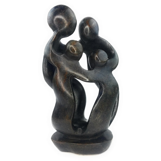 Ukama Family of 4 Sculpture – 13.5” Dark Serpentine African Stone Art, Hand Carved Zimbabwe
