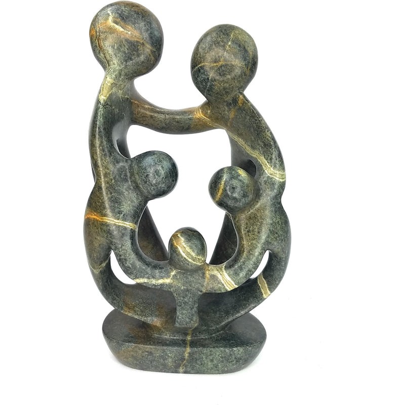 Ukama Family of 5 Sculpture – 10” Green Serpentine with Yellow Streaks, Handmade Zimbabwe