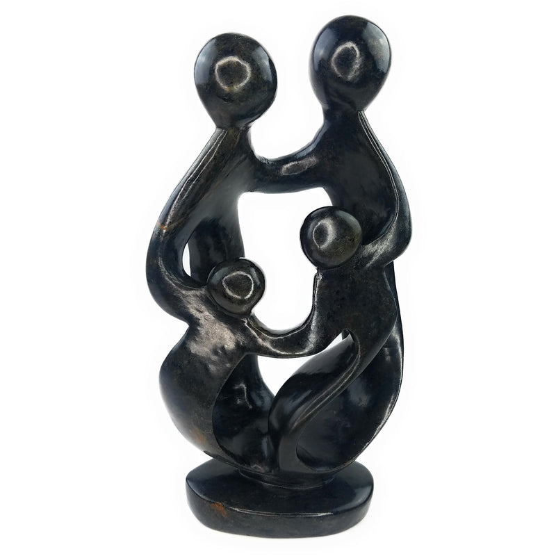 Ukama Shona Family of 4 Sculpture – 15” Black Serpentine Stone, Zimbabwe Handmade