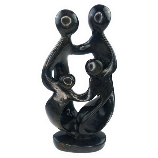 Ukama Shona Family of 4 Sculpture – 15” Black Serpentine Stone, Zimbabwe Handmade