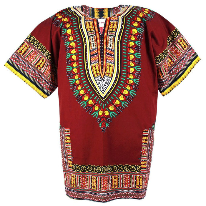 Unisex Burgundy African Dashiki Shirt – 100% Cotton Traditional Print