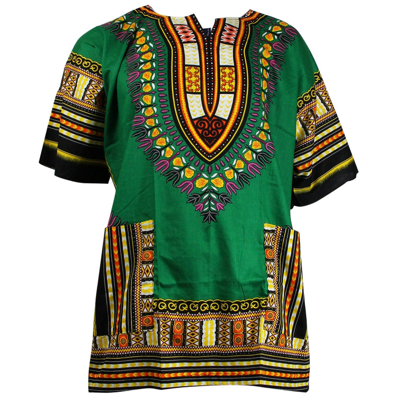 Unisex Dark Green African Dashiki Shirt – 100% Cotton Traditional Print