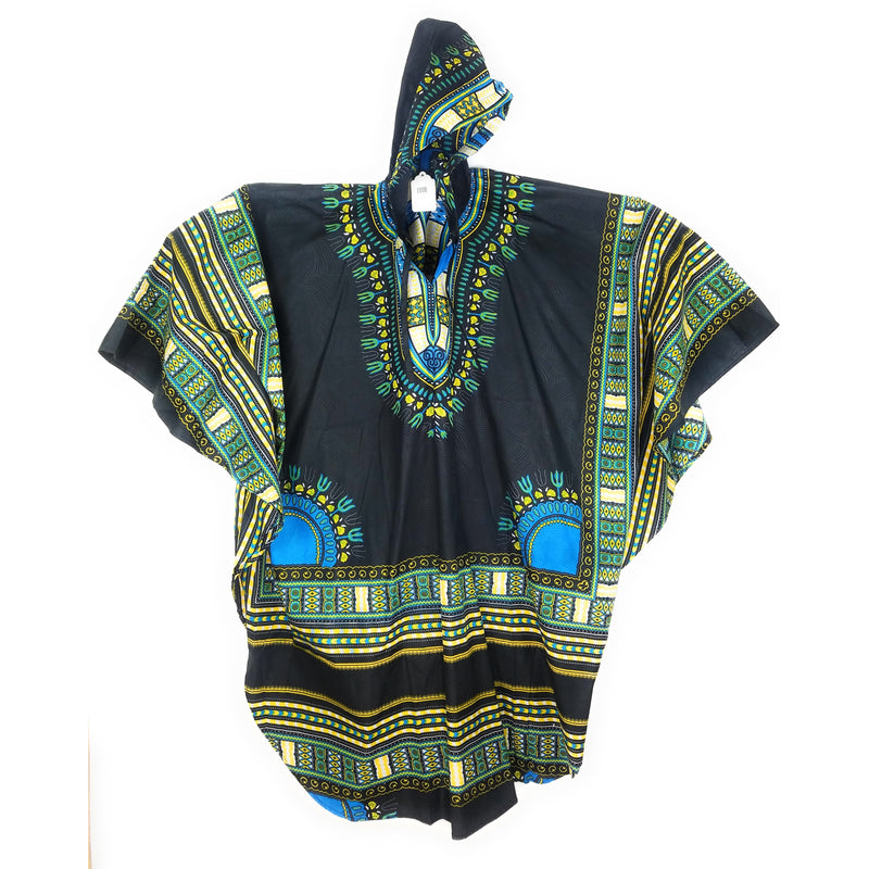 Unisex Long Black Hoodie African Dashiki Shirt – 100% Cotton Traditional Print