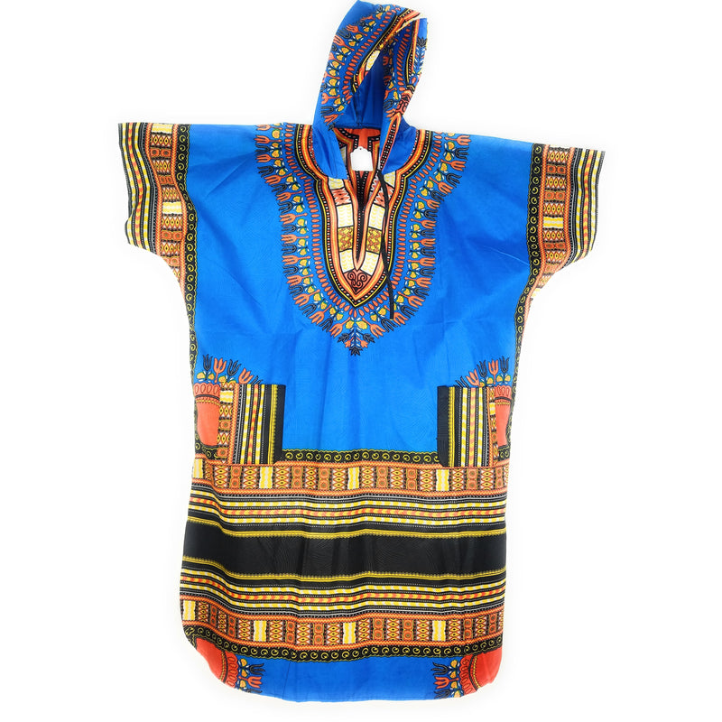 Unisex Long Blue Hoodie African Dashiki Shirt – 100% Cotton Traditional Print
