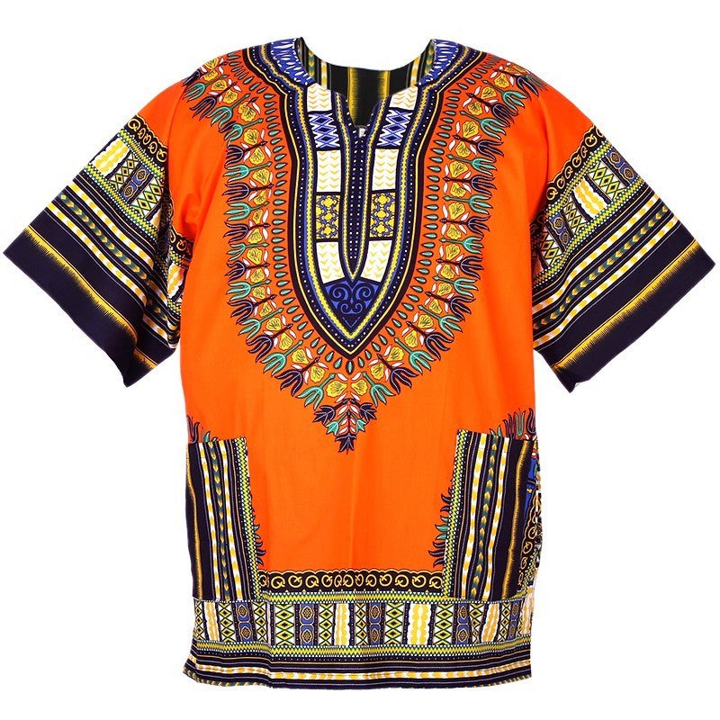 Unisex Orange African Dashiki Shirt – 100% Cotton Traditional Print