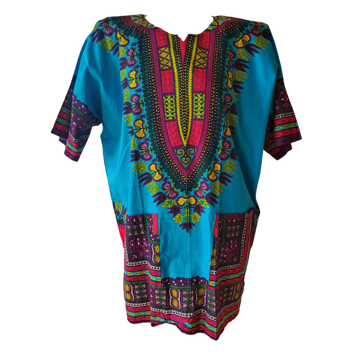 Unisex Turquoise Pattern African Dashiki Shirt – 100% Cotton Traditional Print