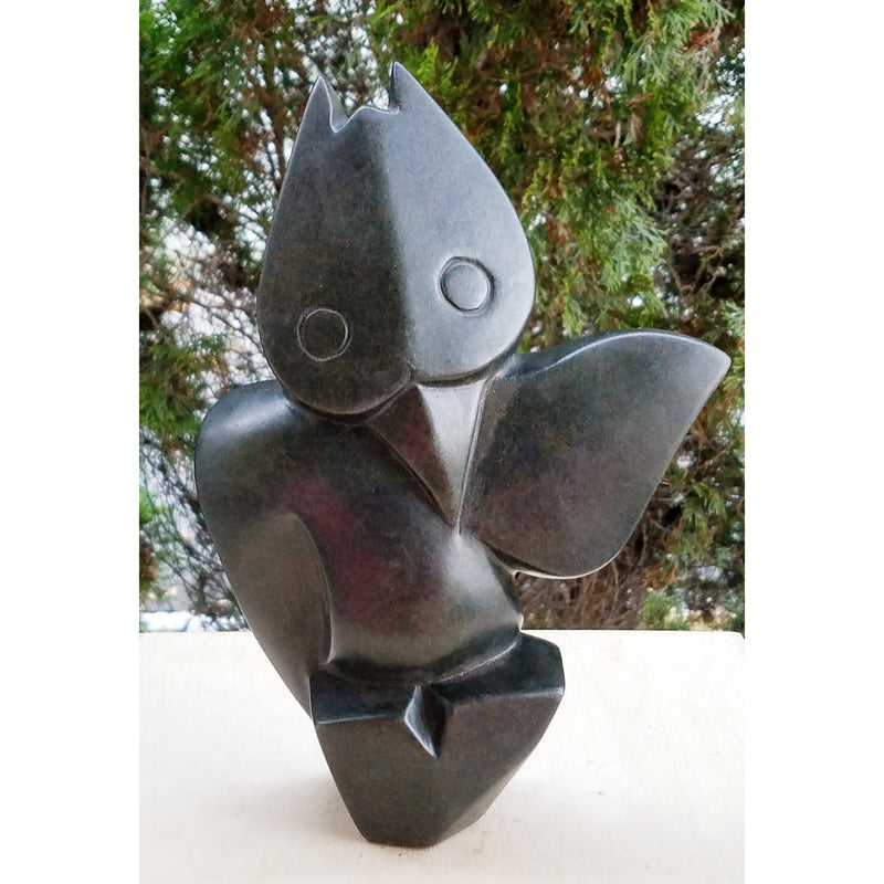 Waving Wise Owl | Black Serpentine Shona Sculpture Zimbabwe