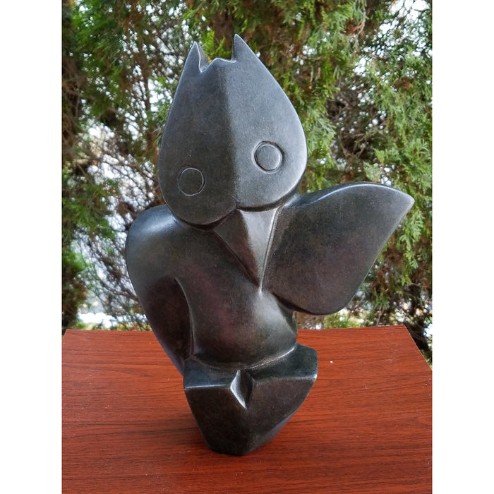 Waving Wise Owl Sculpture – Black Serpentine Hand-Carved in Zimbabwe