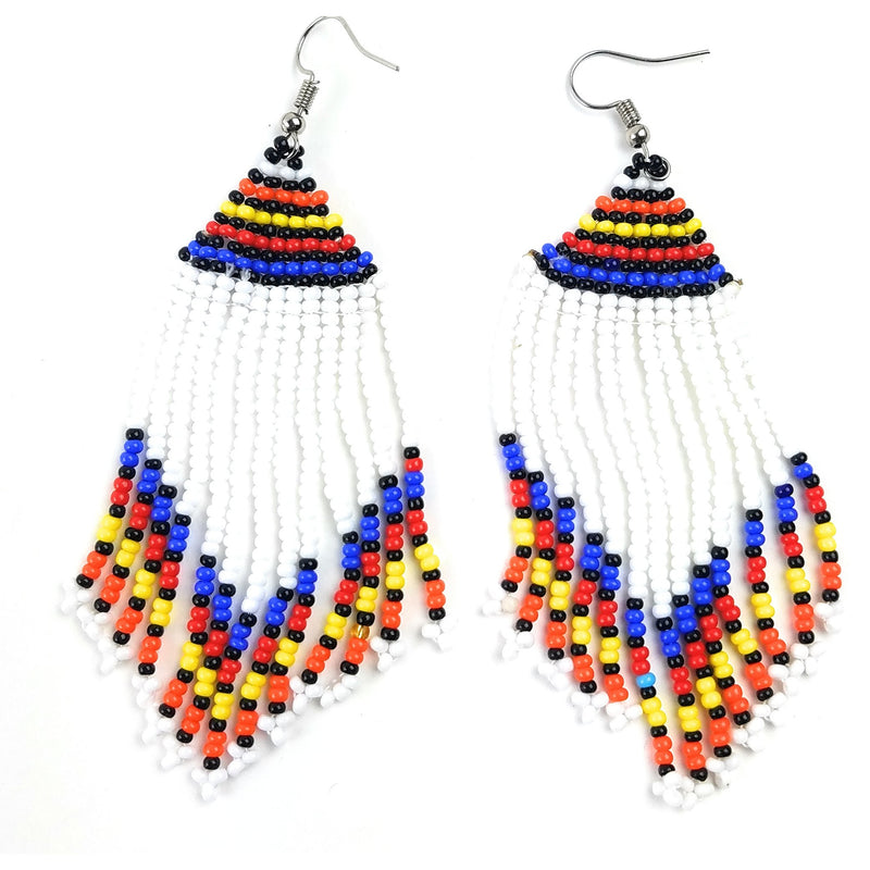 White Maasai Beaded Fringe Earrings – Handmade African Art