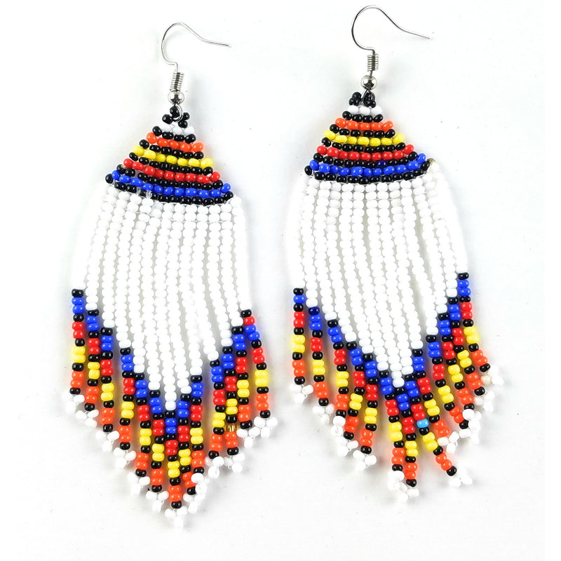 White Maasai Beaded Fringe Earrings – Handmade African Art