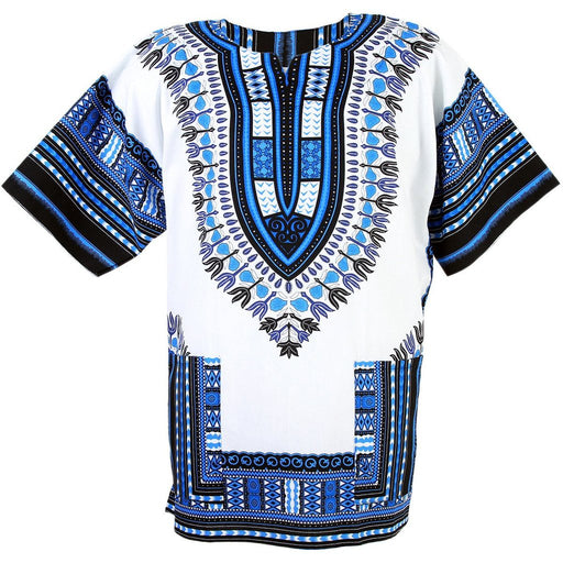 White and Blue African Dashiki Shirt – 100% Cotton Traditional Print