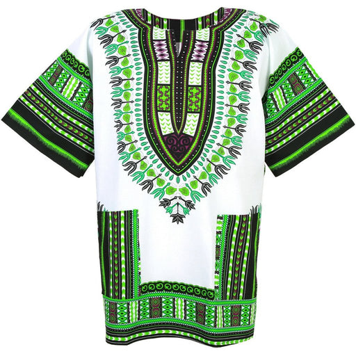 White and Green African Dashiki Shirt – 100% Cotton Traditional Print