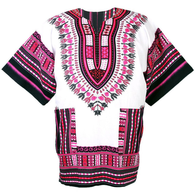 White and Pink African Dashiki Shirt – 100% Cotton Traditional Print