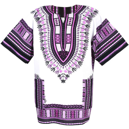 White and Purple African Dashiki Shirt – 100% Cotton Traditional Print