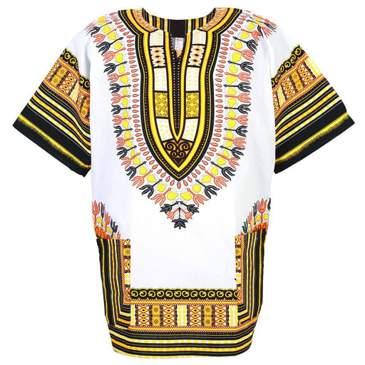 White and Yellow African Dashiki Shirt – 100% Cotton Traditional Print