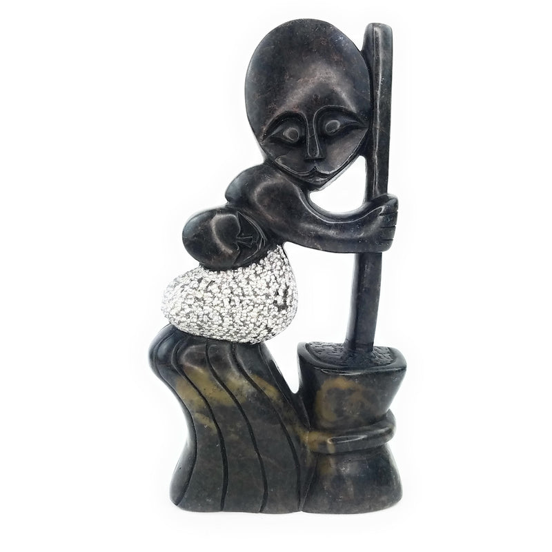 Working Mother and Child Shona Stone Sculpture – Black Serpentine