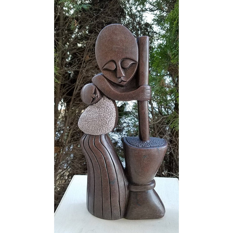 Working Mother and Child Shona Sculpture | Brown Red Stone