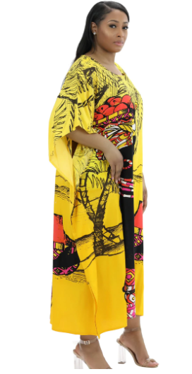 Yellow African Kaftan Dress | Woman Carrying Gourd Artwork
