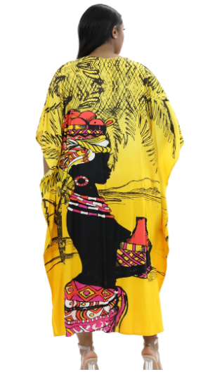 Yellow African Kaftan Dress | Woman Carrying Gourd Artwork
