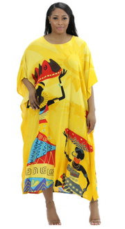Yellow African Kaftan Dress | Working Women Carrying Gourds