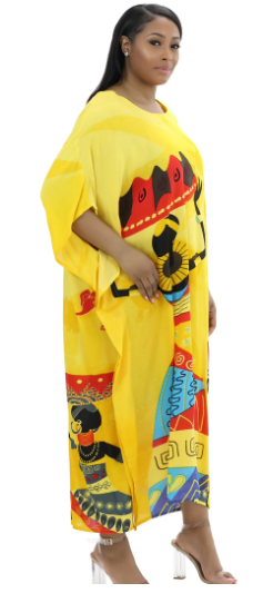 African Kaftan Dress – Yellow Working Women With Gourds