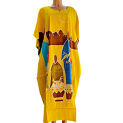 Yellow African Musicians Kaftan Dress | African Music Print