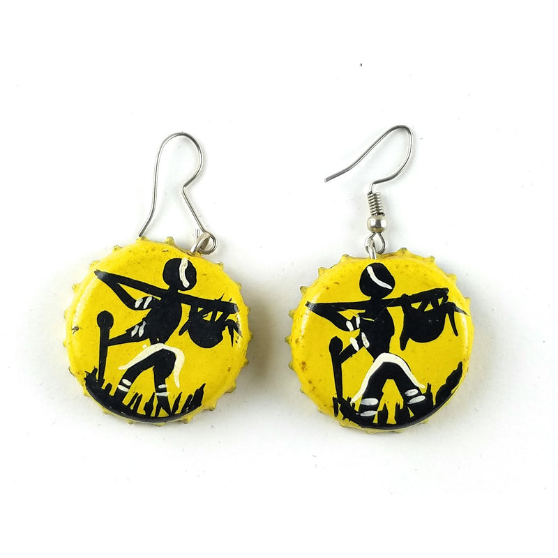 Yellow Bottle Cap Earrings with Working Man – Handmade in Zimbabwe
