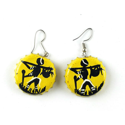 Yellow Bottle Cap Earrings with Working Man – Handmade in Zimbabwe