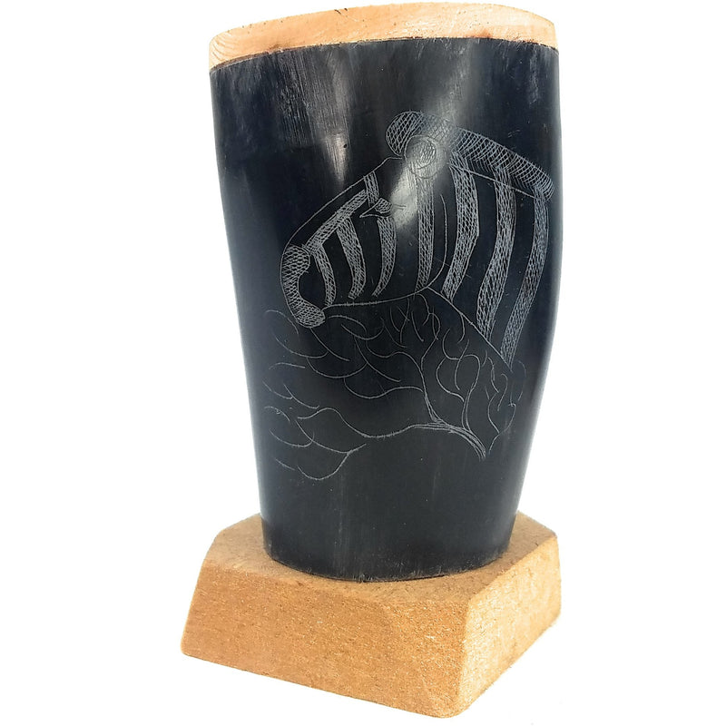 Hand-Carved Scrimshaw Cow Horn Pen & Pencil Holder